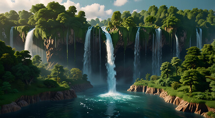 A surreal 3D scene featuring a floating island with a lush green forest on top, and cascading waterfalls pouring into a void below, representing the balance between nature and the unknown.

