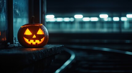 Canvas Print - Eerie Jack O'Lantern Illuminating Abandoned Train Station Window - Ultra HD