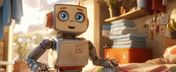 Friendly Robot with Blue Eyes in a Bedroom Setting