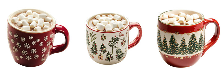 set of A festive Christmas mug filled with hot cocoa and marshmallow on a transparent background