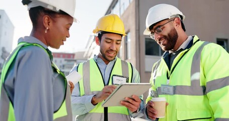 Canvas Print - Contractor, tablet and planning with group of people in city for project management, digital blueprint and teamwork. Architecture, technology and design with engineering for urban development