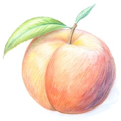 Wall Mural - A hand drawn illustration of a juicy peach with a single leaf. rendered in vibrant colors.