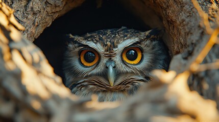 Little owl hiding in the hole of a tree staring with big eyes