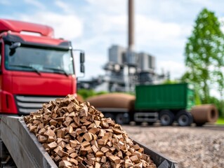 wood chips delivery truck - industrial supply chain logistics and biomass energy production.