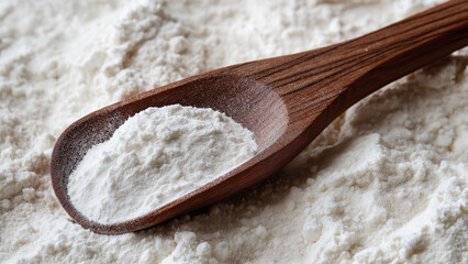 Close-up of a wooden spoon filled with white flour on a textured background, perfect for baking or food ingredient concepts.