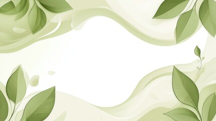 Poster - Green Leaves and Abstract Wavy Lines on White Background