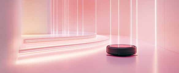 Poster - Robot Vacuum Cleaner in a Pink Room with Neon Lights