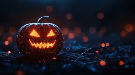 Canvas Print - Glowing Cyberpunk Jack-o'-lantern with Glitch Effect in Dark Tech Ambiance - Ultra HD Quality with Copy Space