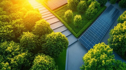 Sticker - An aerial view of a modern, automated factory with solar panels and green spaces, highlighting the sustainable aspects of smart manufacturing.