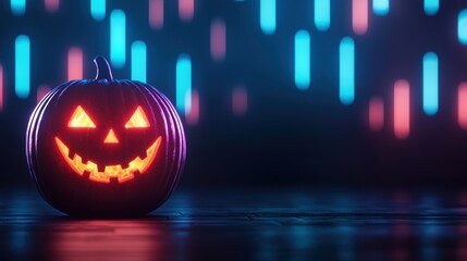 Wall Mural - Eerie Jack-o'-lantern Holographic Glow in Futuristic Neon-lit Setting with Copy Space, Selective Focus - Ultra HD.