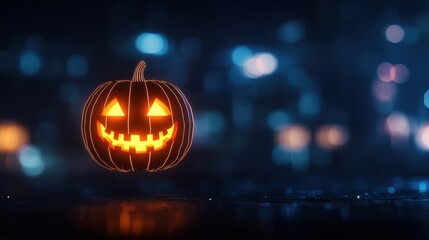 Wall Mural - Glowing Neon Jack-o'-Lantern in Futuristic Virtual Urban Setting with Copy Space, Selective Focus.