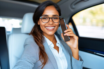 A young businesswoman in a car, smiling while talking on a smartphone. She is wearing glasses and a professional suit, reflecting confidence, modern communication, and a busy lifestyle.