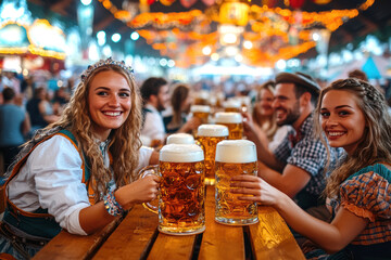 Oktoberfest, people sitting down in traditional Bavarian costumes and drinking beer at a table. AI generative.