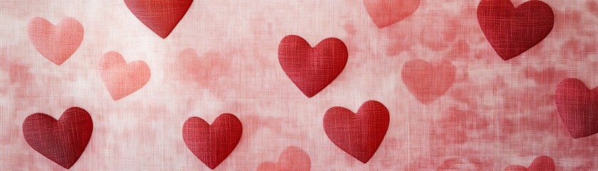 Red Hearts Pattern on Pink Fabric Background