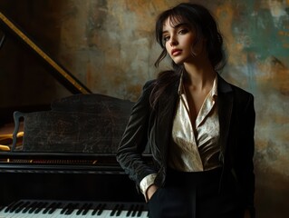 Woman in a silk blouse under a fitted blazer standing by a grand piano, blending professional style with artistic elegance, businesswoman elegance, art and business