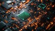 © Paul - Detailed macro shot of copper circuitry with greenish holographic light effects, sharp focus on electronic pathways, hyper-realistic, dark and moody background
