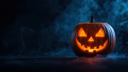 Wall Mural - Eerie Glowing Jack-o'-Lantern in Misty Darkness with Copy Space, Selective Focus - Ultra HD Halloween Concept