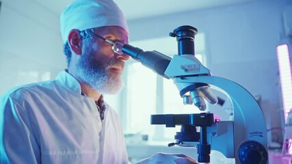 Wall Mural - chemist analyzing samples in neon-lit laboratory researching innovative medicine