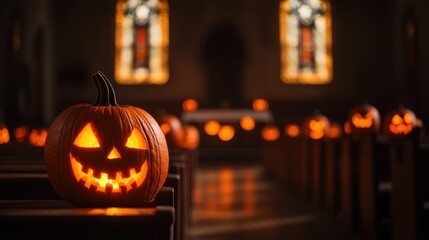 Wall Mural - Eerie Halloween Scene in Abandoned Church - Haunting Jack-o'-lanterns and Stained Glass with Copy Space for Text