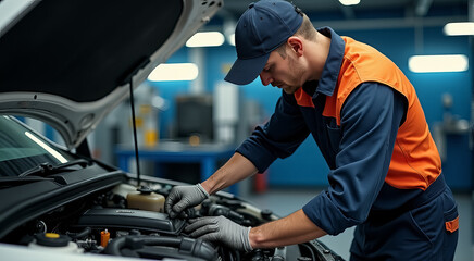 Mechanic repairs a vehicle in an automotive workshop during daytime while using a wrench and inspecting the engine components