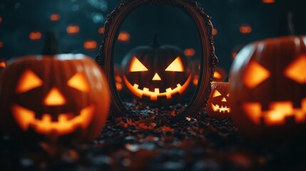 Poster - Bewitched Reflection - Spooky Halloween Scene with Haunted Mirror, Witch's Spell, Jack-o'-lanterns, and Copy Space for Text, Selective Focus, Ultra HD