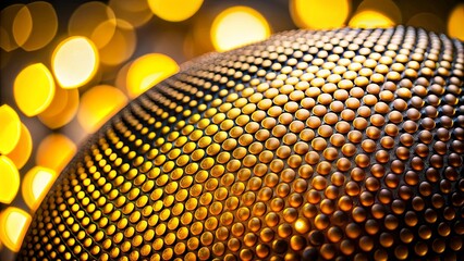 Close-up shot of a yellow-black object with golden dots on a blurry background