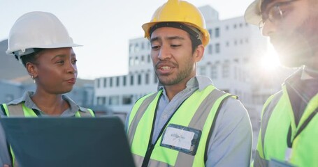 Canvas Print - Business people, engineer and team with laptop in city for architecture, building or construction on rooftop. Young group, contractors or architects with computer for discussion on infrastructure