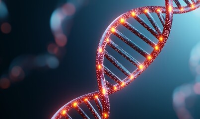 futuristic 3d render of dna double helix with glowing points, abstract medical technology, scientific background.