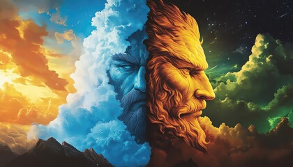 A striking artwork depicting two powerful faces formed by clouds, symbolizing nature's duality and the balance between light and dark.