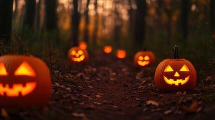 Canvas Print - Enchanted Halloween Forest Trail with Glowing Jack O'Lanterns - Spooky Autumn Background with Copy Space, Selective Focus, Ultra HD