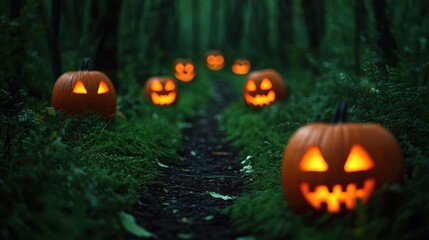 Wall Mural - Enchanted Halloween Forest Trail with Glowing Jack-O'-Lanterns - Spooky Fantasy Landscape with Copy Space for Text and Selective Focus