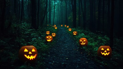 Poster - Enchanted Halloween Forest Trail with Jack-o'-Lanterns - Spooky Atmosphere in Ultra HD Quality, Copy Space for Text