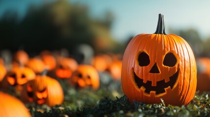 Wall Mural - Spooky Halloween Pumpkins in Graveyard with Terrifying Faces, Copy Space and Selective Focus | Ultra HD Stock Photo