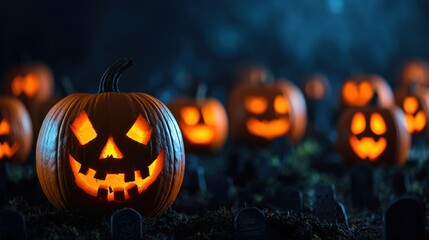 Canvas Print - Spooky Pumpkin Patch in a Graveyard for Halloween Night Tales - Copy Space, Selective Focus, Ultra HD