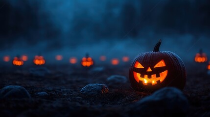 Poster - Enchanted Halloween Valley with Glowing Jack-O-Lanterns in Foggy Atmosphere - Spooky Autumn Scene with Copy Space