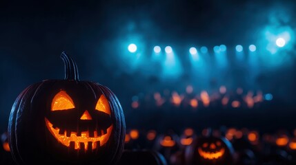 Wall Mural - Spooky Halloween Concert with Ghostly Jack-o'-lanterns on Stage | Copy Space for Text, Selective Focus | Ultra HD