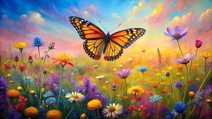 Wall Mural - Vibrant painting of butterfly above field of wildflowers