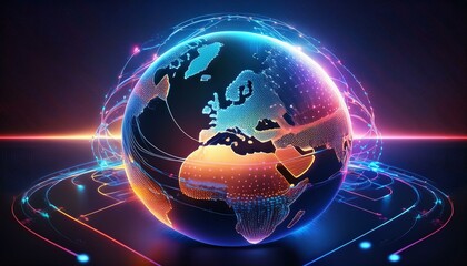 Wall Mural - Global Network: Neon-Earth in Technicolor