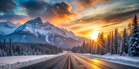 Poster - Winter highway journey with towering mountains and a stunning sunrise on the horizon, showcasing the beauty of nature in the cold season