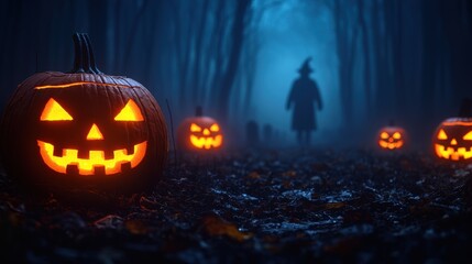 Canvas Print - Eerie Halloween Night Stroll in Foggy Graveyard with Jack O'Lanterns - Spooky Season Concept with Copy Space, Selective Focus, Ultra HD