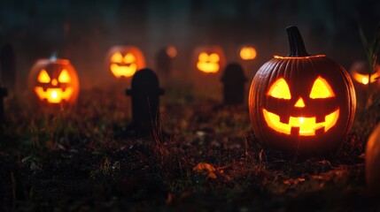 Canvas Print - Eerie Halloween Night Stroll in Foggy Graveyard with Jack-o'-lanterns Illuminating Path, Copy Space, Selective Focus, Ultra HD