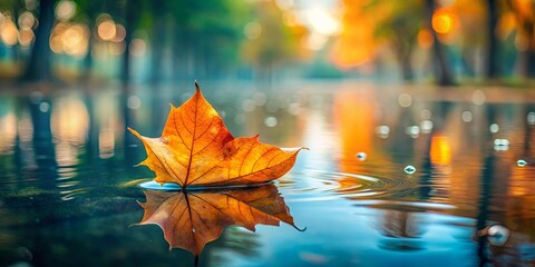 Wall Mural - An orange leaf floating on serene water with trees in the background, surrounded by droplets on the ground