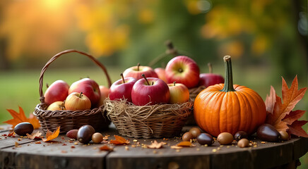 Poster - Colorful autumn harvest with pumpkins and apples arranged in wicker baskets on a rustic wooden table