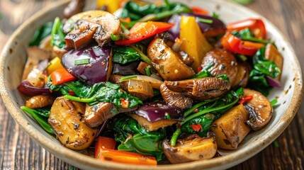 Wall Mural - Sauteed vegetables with mushrooms eggplants and spinach