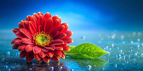 Canvas Print - Vibrant red flower with dewdrops on petals and green leaf against a serene blue background