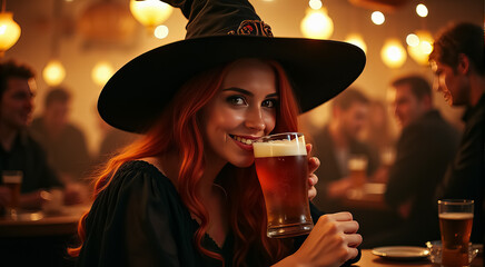 Canvas Print - Young woman wearing a witch hat enjoys a beer at a festive gathering in a cozy pub on a lively evening