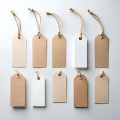 A collection of ten blank tags. with a mix of brown and white paper. ready for your text or logo.