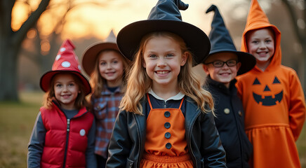 Canvas Print - Children dressed in colorful Halloween costumes enjoying an autumn evening with pumpkins in a park setting