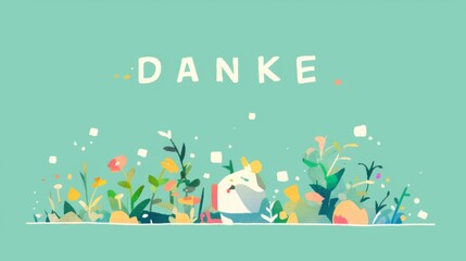 Wall Mural - the Word 'DANKE' in White, Surrounded by Colorful Squares on a Light Green Background, express thanks in German