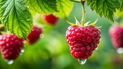 Wall Mural - Fresh ripe raspberry covered in water droplets hanging from green leafy branch